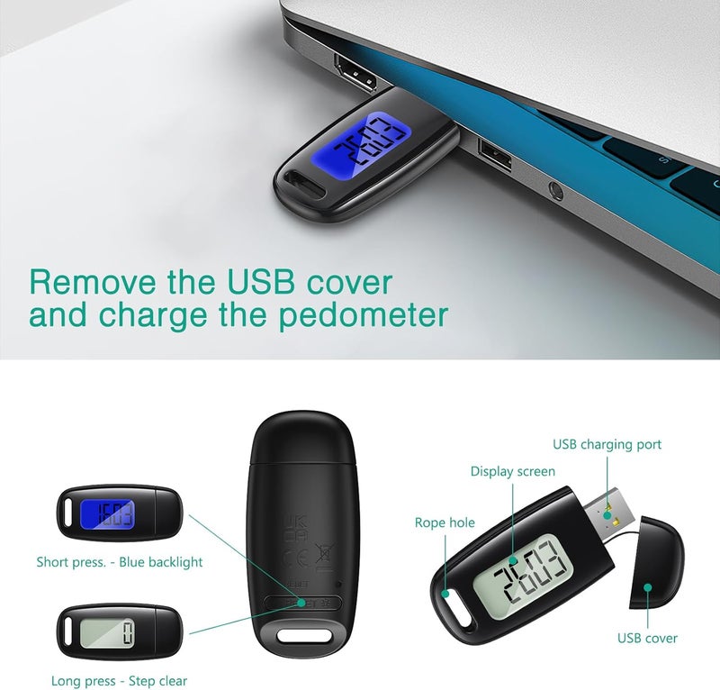 ORIA 3D Pedometer for Walking, Rechargeable Step Counter for Walking, Clip on Pedometer with Backlight, Lanyard, Simple Step Tracker for Men Women Teens Seniors - Image 3